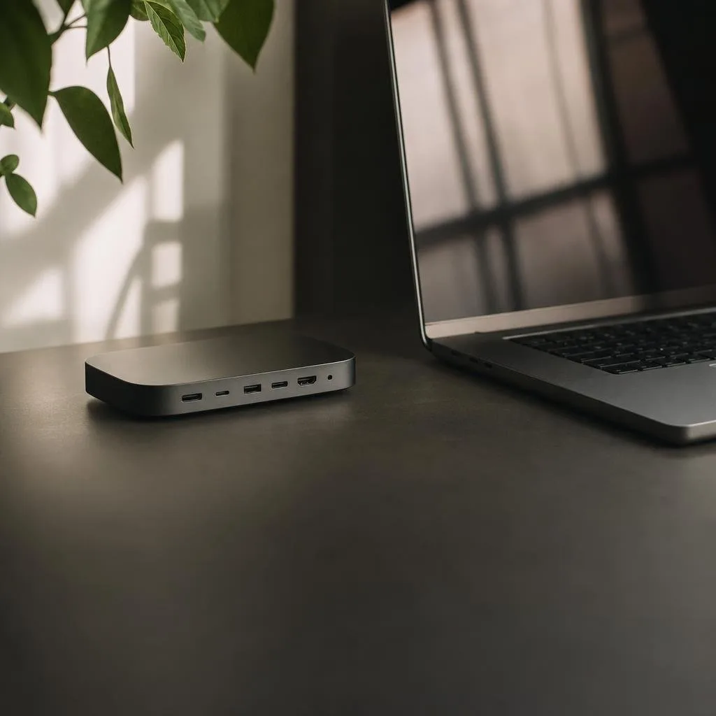 The device beside a laptop on a clean desk