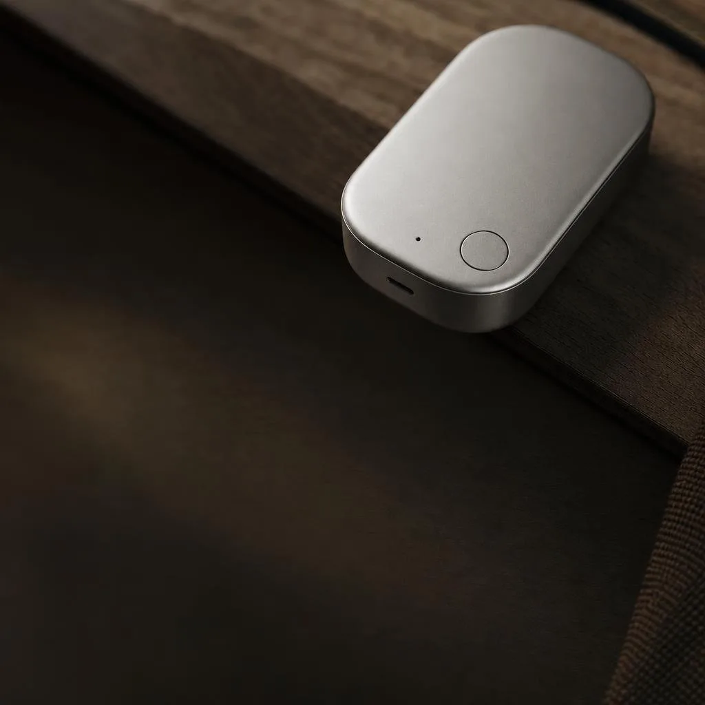 The device on its magnetic dock under soft light